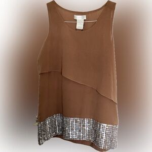 MM Couture Brown sleeveless tunic with beautiful sequined wide hem border. Small